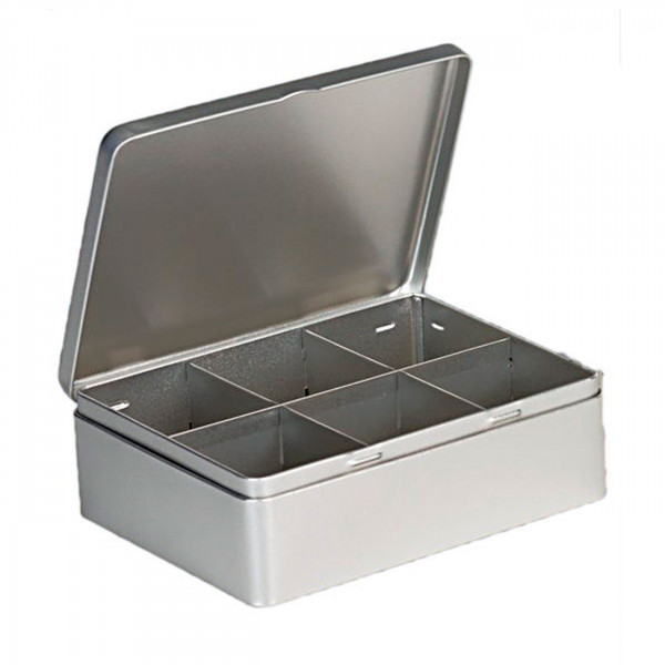 Tea caddy Plain Silver with 6 compartments 203x157x70mm